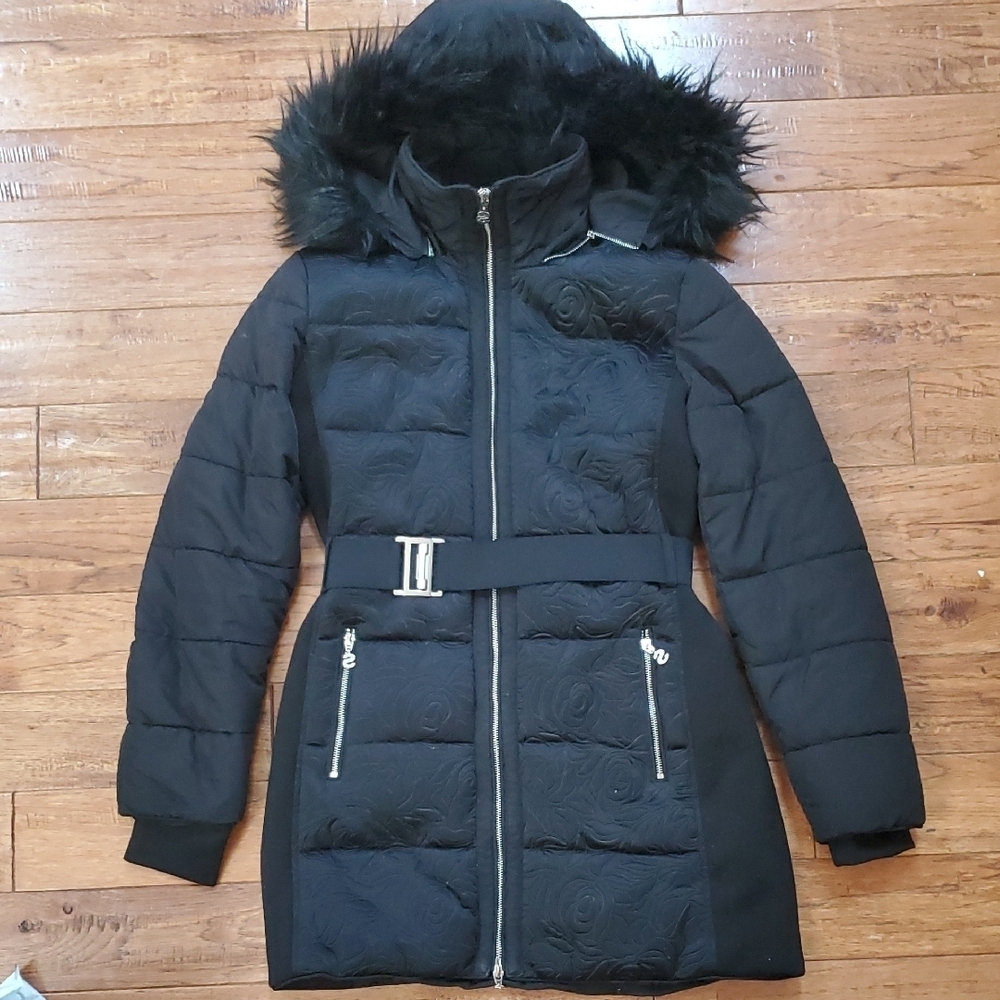 Desigual Black Rose Embossed Puffer Jacket Parka
